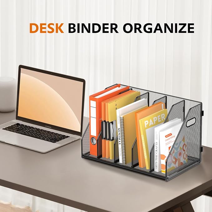 SUPEASY Binder Organizer, Magazine File Holder with 5 Vertical Rack, Black | Metal Desk File Organizer & Binder Holders, Magazine Organizers for Office Desktop, Home, School, Classroom