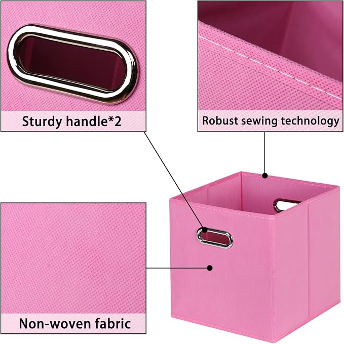 Fabric storage bins Cubes, Fabric Cube Organizer with Handle, Foldable Cube Bins for Cloth or Accessary Storage, 11x11x11, Set of 6, (Pink)