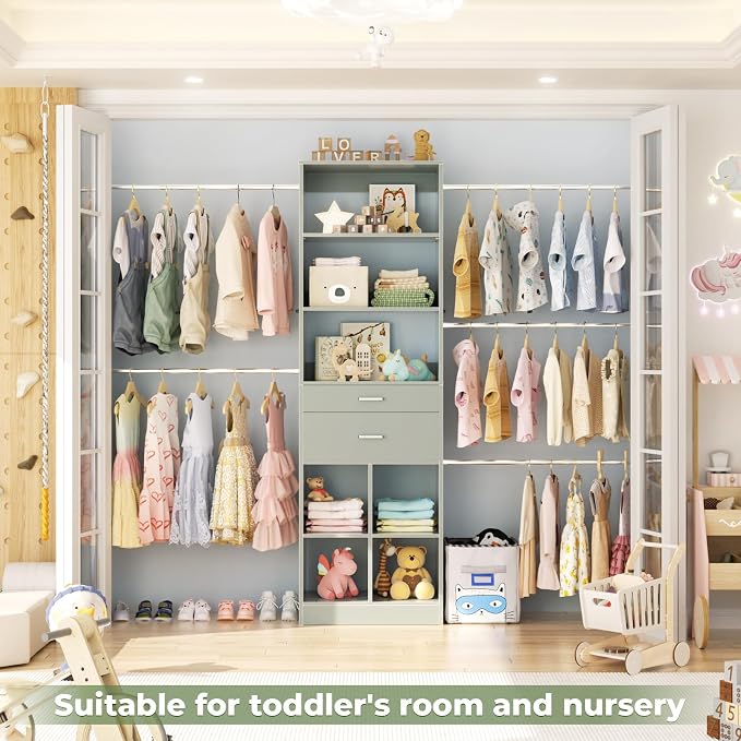 Besiost Closet System, 4-8 FT Closet Organizer Tower with 2 Wooden Drawers and Shelves, Can Fit 60 to 96 inch Walk-in Closet System with 5 Hang Rods, Built-in, Crab Green