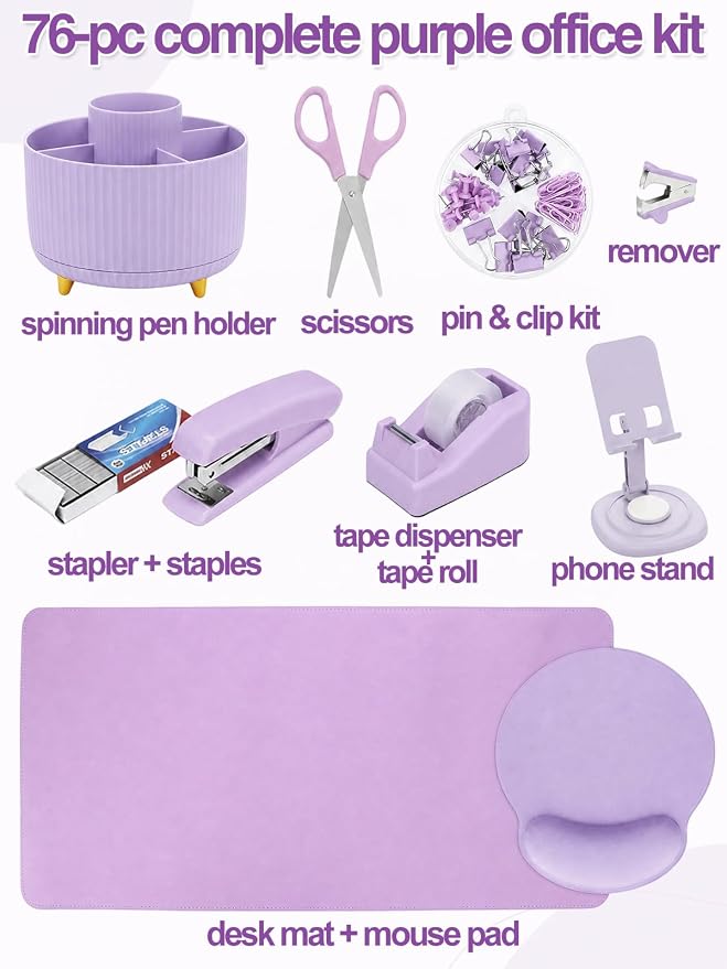 76Pcs Purple Desk Accessories Set, Office School Supplies for Women Girls | Cute 360° Rotating Pen Holder for Desk/Mat/Wrist Rest Mouse Pad/Phone Stand and More, for College Teacher Back to School