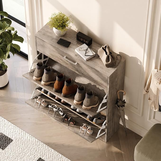 VINGLI Grey Shoe Cabinet for Entryway, Slim Shoe Rack Storage with 3 Flip Drawers, Rustic Washed Grey Wood Finish, Narrow Hidden Shoe Organizer for Hallway, 9.5" Depth, Greige