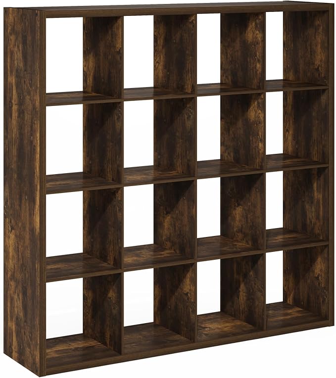 Furinno Cubicle 16-Cube Book Shelf, Extra Thick Frame Bookshelf, Amber Pine | 14.6" x 58" x 58", Reversible Bookcase with Open Back, for Living Room, Bedroom, Home Office