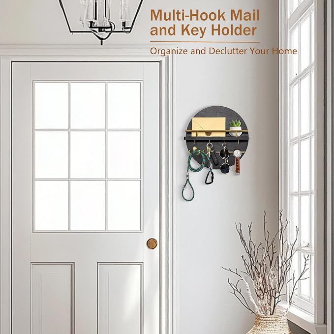 dreampossible Key Holder for Wall Decorative with Shelf and Hooks, Mail Organizer Wall Mount with Sunglasses Holder, Circular Design Entryway Key Rack Hanger, Rustic Home Decor