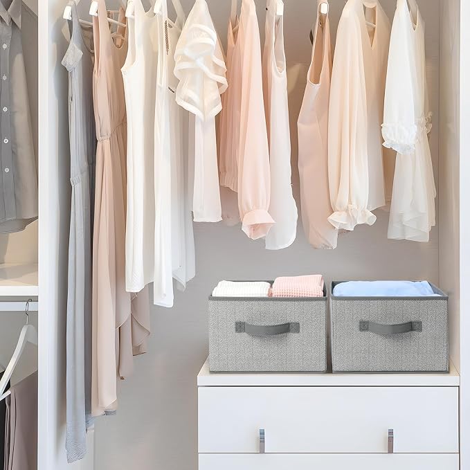 Storage Baskets, 11-Inch Woven Fabric Bins, Storage Cubes with Reinforced Handles, Organizer Bins for Closet Shelves, Foldable, for Toys, Clothes (2PCS/Grey-11*11*7.8inch)