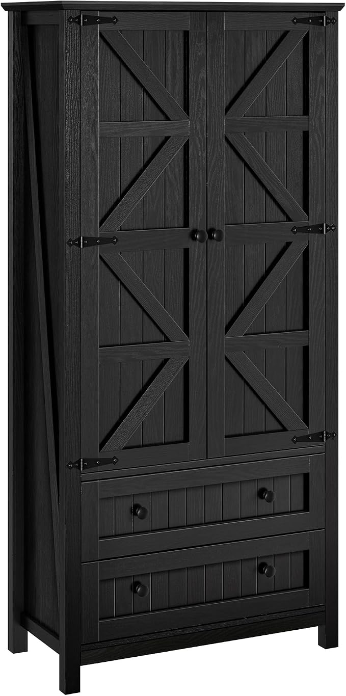YITAHOME 64.5" Farmhouse Pantry Cabinet with 2 Drawers & Shelves, Oak Black | Tall Storage Cupboard for Living Room, Kitchen, and Hallway