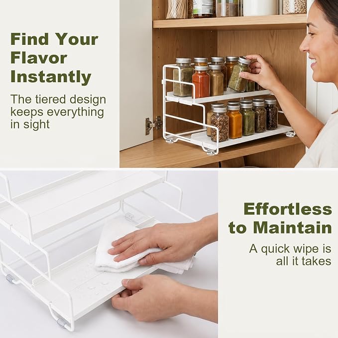 4 Tier Adjustable Spice Rack Organizer for Cabinet & Countertop | Adjustable-Depth Shelves, Tiered Visible Display, Raised Edge Guard, Vertical Space Saver, Metal Construction, White