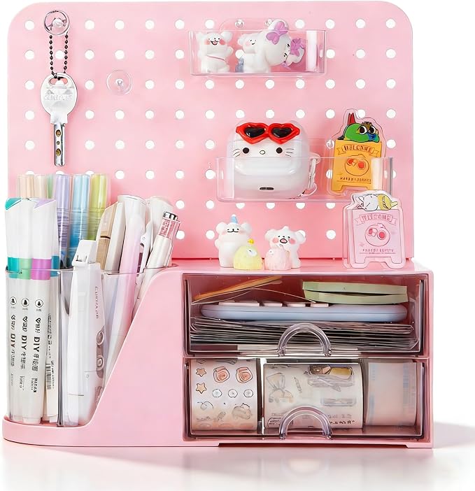 Comix Desk Organizer with 2 Drawer, Pink 360° Rotating Pen Holder for Desk | Desk Organizers and Accessories with 5 Slots Pencil Holder+Pegboard+Drawer, Pen Organizer for Home School Art Office Supplies
