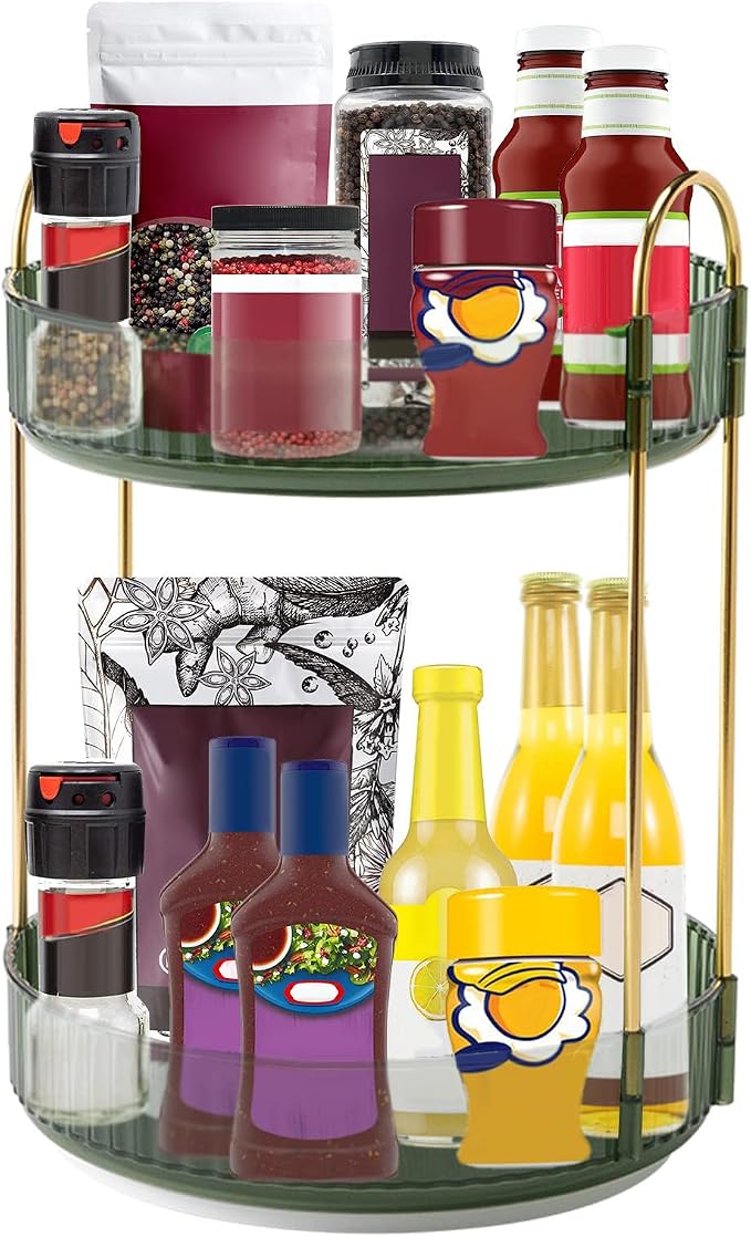 INVSSENE 360° Rotating Makeup Organizer, Bathroom Make Up Spinning Holder Rack, Large Capacity Cosmetics Storage Vanity Shelf Countertop, Fits Cosmetics, Perfume, Skincare, Lipsticks(2 Tiers, Green)