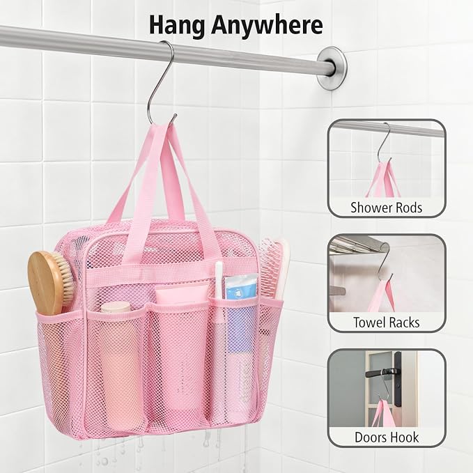 Mesh Shower Caddy Portable with Zipper - 2-Handle Shower Bag for Dorm | 8 Deep Pockets, S-Hook, Quick-Dry Mesh, College Dorm Room Essentials for Girls, Camping, Gym, Travel & Bathroom, Pink