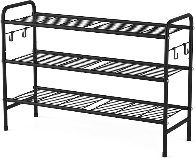 VILICK 3 Tier Shoe Rack 33" Wide Metal Shoe Organizer, Black | Long Shoe Storage, 4 Side Hooks, Sturdy Shoes Shelf, For Front Door Entrance, Closet, Garage, Dorm