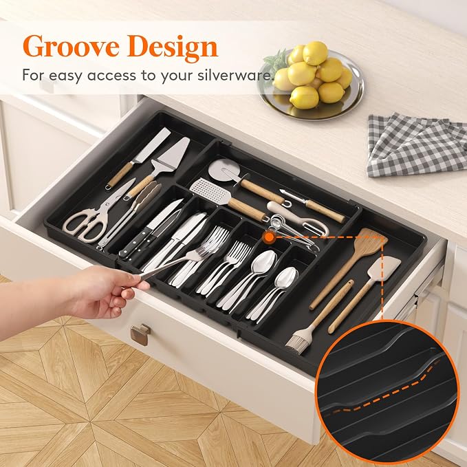 Lifewit Silverware Drawer Organizer, Expandable Utensil Tray for Kitchen, BPA Free Flatware and Cutlery Holder, Adjustable Plastic Storage for Spoons Forks Knives, 18- 33 x 18.5", Black