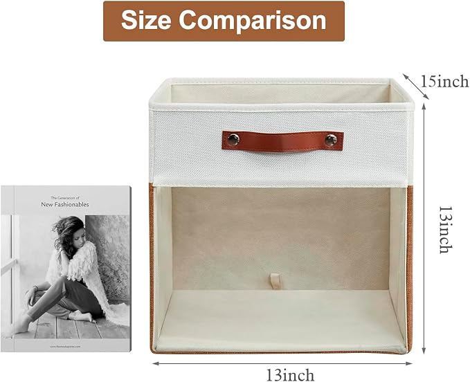 Storage Cubes, 4 Pack Linen Foldable Storage Bins with Clear Window and 2 Handles, 13x15x13 Storage Cube Bins for Shelf Closet, Kallax, Clothes, Books - (Brown / Off-White)