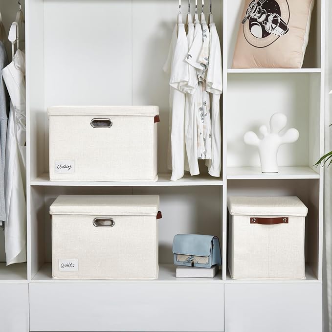Roobyl 15" Large Collapsible Storage Bins with Lids, Stackable Closet Organizers with PU Handle and Labels, 3-Pack Decorative Fabric Storage Boxes for Home, Bedroom, Closet, Office, Nursery(White)