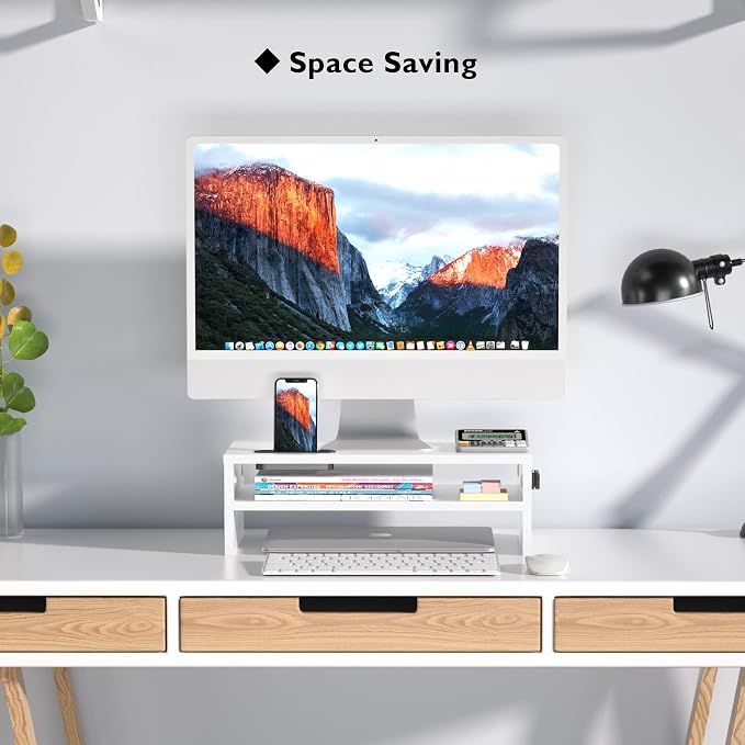 BONTEC Wooden Monitor Stand Riser for Desk, 2-Tier Computer Monitor Stand with Storage, 66 lbs Desk Shelf Organizer, Laptop & Printer Stand with Phone Holder and Cable Management, White, 16.5 Inch
