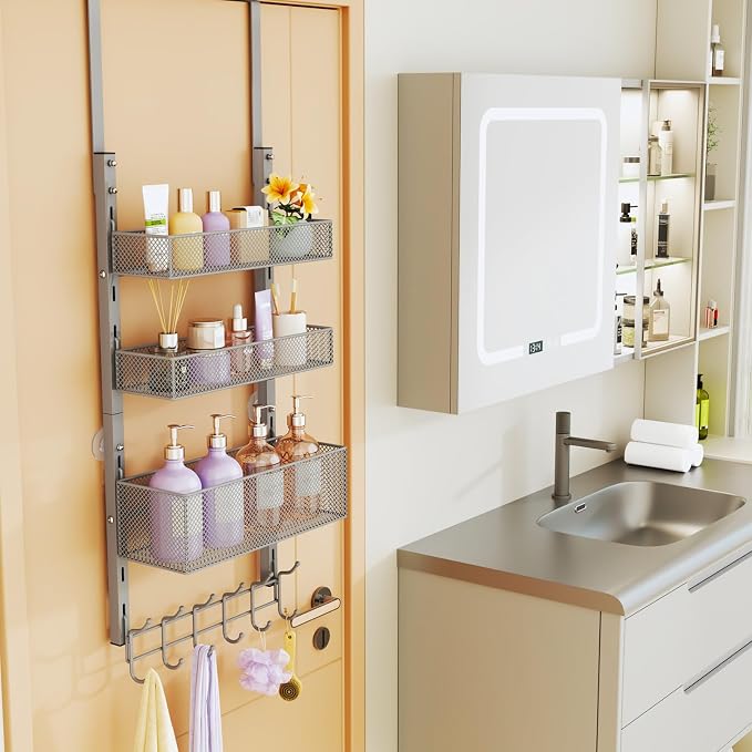 Consumest Over The Door Hooks Organizer - 4 Tier Door Coat Rack with 3 Baskets & 12 Hooks, Stainless Steel Towel Hanger for Bedroom, Bathroom, Living Room, Silver