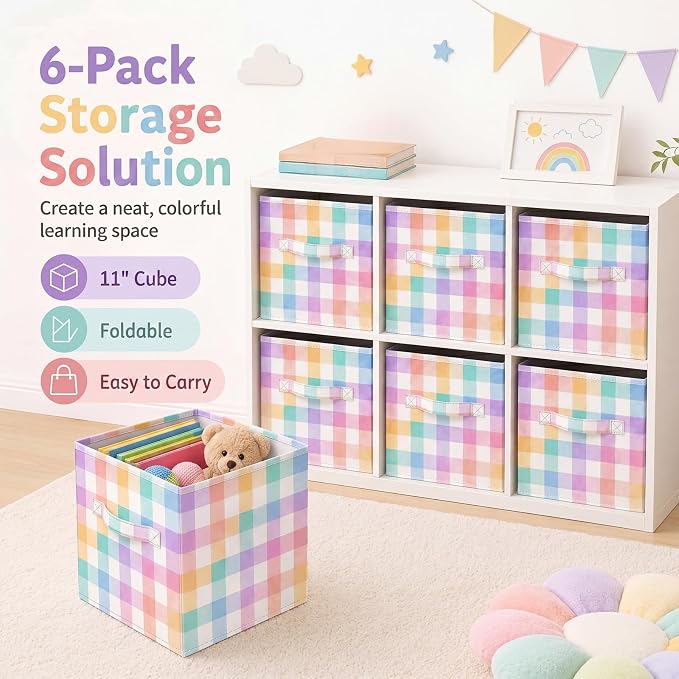 6 Pcs 11 Inch Pastel Checked Fabric Storage Cube Bin Woven Foldable Gingham Storage Cube for Classroom Basket Bin Organizer with Handle Decor for Organizing Clothes, Toy, Book