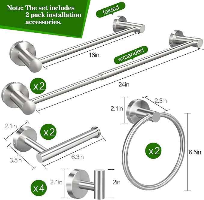 10pcs Brushed Nickel Retractable Bathroom Hardware Set | Including 24in Retractable Hand Towel Bar, Toilet Paper Holders, Towel Rings, Multifunctional Robe Hooks