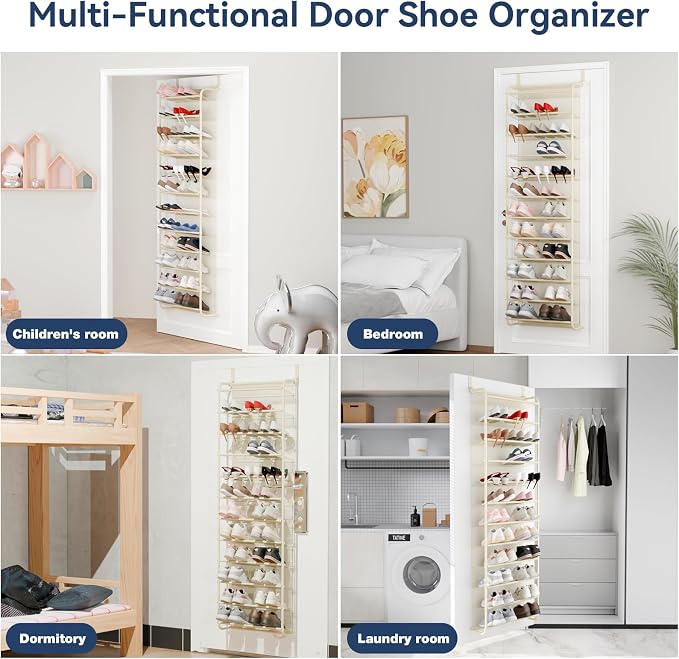 Whitmor 36 Pair Over The Door Shoe Organizer, 12 Tier Hanging Shoe Organizer, Heavy Duty Metal & Mesh Shoe Holder, Hanging Shoe Rack for Closet Organizer & Storage, 74"H x 21.7"W x 7.5"D, Beige
