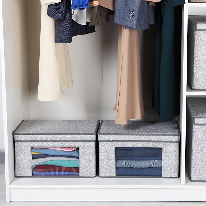Univivi Fabric Storage Bins with Lids for Closet, 4 Pack, Grey | Fabric Foldable Storage Boxes, Sturdy Collapsible Storage Bins with Clear Window, Storage Cubes for Home, Closet, Shelves