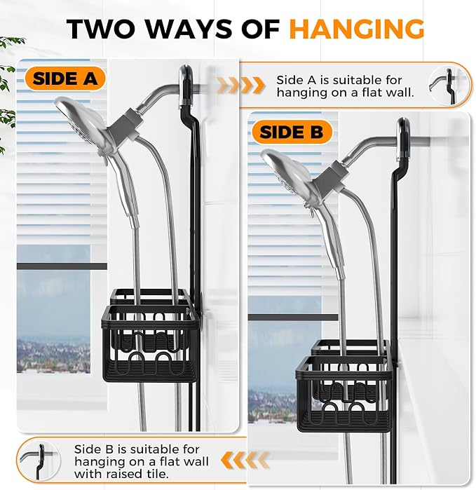 Adjustable Aluminum Shower Caddy Hanging for Handheld Showerhead, Black | Rustproof Aluminum, Shower Organizer, Anti-Slip, Quick-Drain Shelf, 40lbs Capacity, Suction Cups, 8 Hooks, Razor Soap Holders