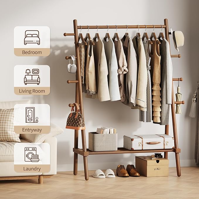 Yoobure Solid Wood Clothes Rack - Heavy Duty Clothing Racks for Hanging Clothes with 8 Hooks, Portable Garment Rack for Dress Shirt Shoe, Freestanding Wardrobe Coat Racks with Shelf for Closet Bedroom