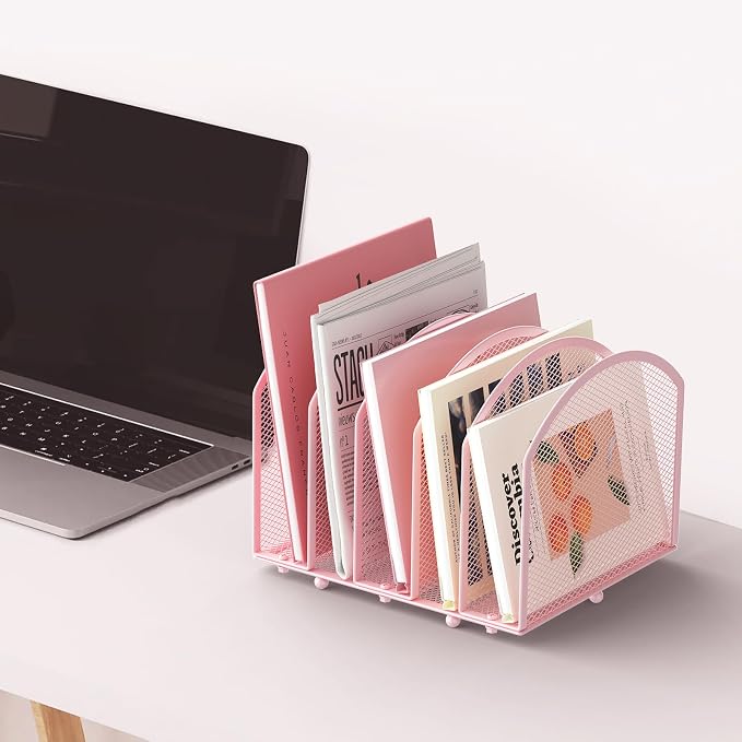 MINDEPOT Desk File Organizer 5 Sections Desktop Organizer File Sorter Office Organization File Folder Holder for Office School & Classroom (Pink, 5 Section - 1Pack)