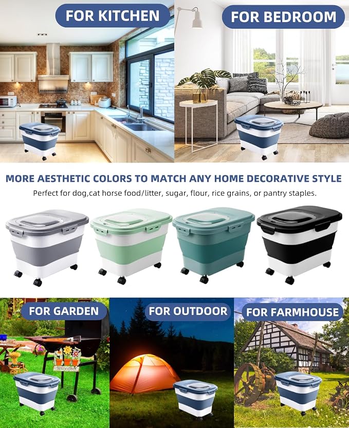 20-30 Lbs Rice Storage Container,Collapsible Food Storage Container | Flour Storage Container with Wheels Airtight Locking Lid,Rice Container Double Seal,Keep Fresh for Pet Food,Rice,Flour