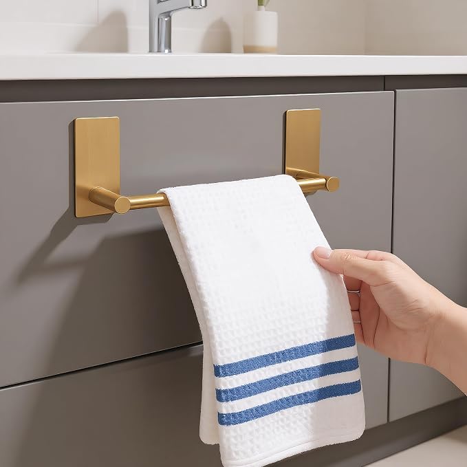 Songtec Gold Towel Bar 9-Inch, Adhesive Bath Towel Rack No Drill, Strong Adhesion Tape Mount Towel Holder, Stainless Steel - Brushed Gold