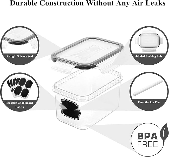 Wildone Airtight Food Storage Containers with Lids 0.8L, 16PCS, Black | Kitchen and Pantry Organization Canisters for Cereal, Pasta, Snack, Sugar, Flour, Airtight Seal, BPA Free, Includes 20 Labels