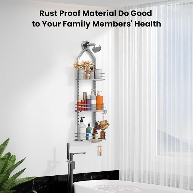 Shower Caddy Hanging (Silver), Adjustable Anti-Swing-Over The Shower Head Caddy, 3 Tier Height Bathroom Storage Organizer, Bathroom Shelves Basket Rack, Shower Caddies Rack with Adjustable Soap Basket