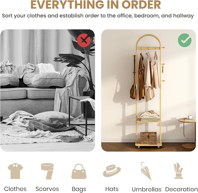 15.9" Narrow 3-in-1 Rolling Clothing Rack,Wooden Coat Rack with Wheels, 2 Shelves and 5 Hooks, Solid Rubber Wood Coat Rack with Shelves for Entryway, Bedroom, Living Room, Burlywood