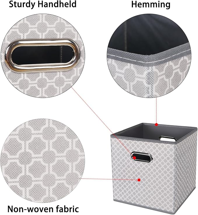 Black Foldable Storage Cubes Bins , Fabric Storage Box Cubes Organizer Baskets with Dual Handles for Home Organizer Grey Light