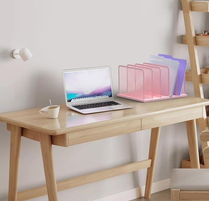 Kuntine.B 5-Section Upright Desk File Organizer Pink 1 Pack | Vertical, Mesh, Metal, Assembly, Stability, Sturdiness, Organization, Standing