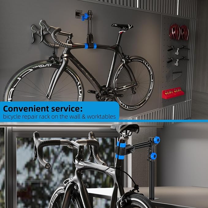 Urban Deco Bike Repair Stand, Wall Mounted Bike Work Stand, 360 Swivel Clamp, Holds Up to 20 kg, Black+Blue, Ideal for Home Maintenance