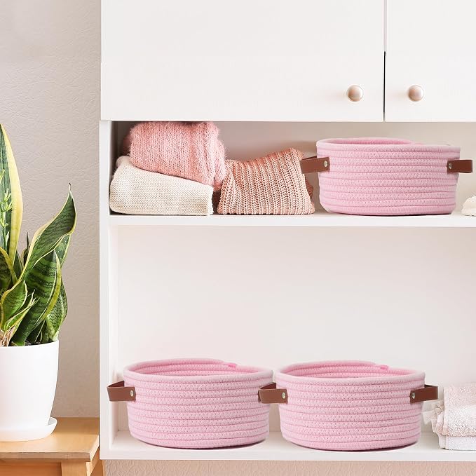 Small Woven Cotton Rope Basket with Leather Handle, Pink | Mini Round Storage Basket, Empty Gift Basket, Nursery Toy Organizer, Decorative Shelf Bin, Boho Room Decor