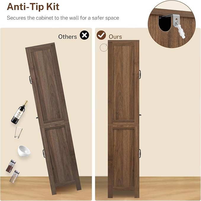 TEENFON Tall Storage Cabinet with 2 Adjustable Shelves & 1 Large Drawer, Kitchen Pantry Cabinet with 4 Doors, Bathroom Storage Cabinets, for Living Room, Kitchen, Bathroom, Walnut