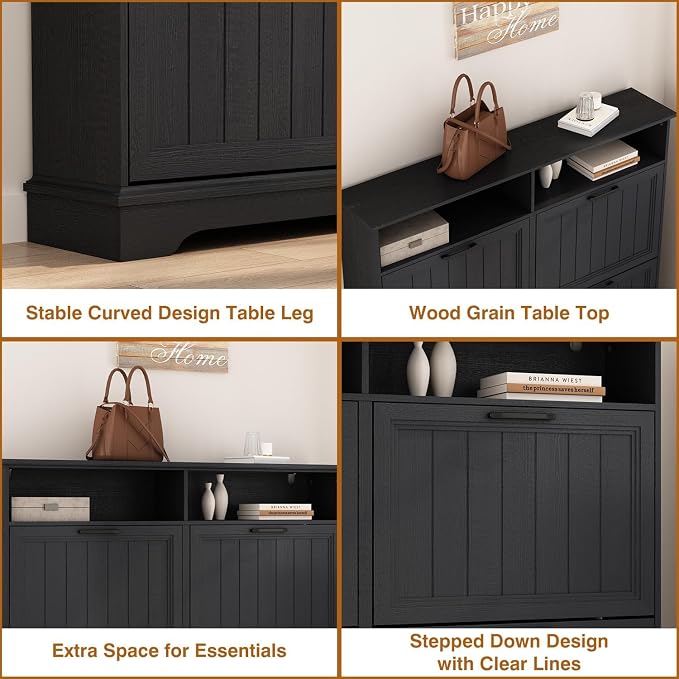 Hidden Shoe Storage Cabinet with 4 Flip Drawers & Open Storage | Farmhouse Modern Shoes Rack Cabinet,Adjustable Shelves ,Narrow Slim Shoe Organizer for Front Door Entrance, Entryway, Black