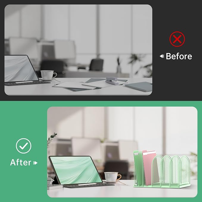 5-Section File Organizer for Desk, Metal File Folder Holder, Mint Green | 5 Vertical Compartments with Sturdy Metal Base for Office Documents Books Magazines and Laptop