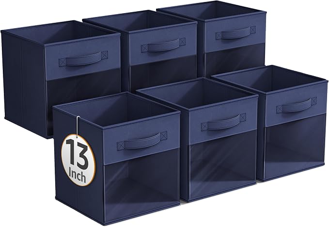 Sorbus 13 Inch Storage Bins with Clear Window - 6 Foldable Baskets for Organizing Clothes, Toys, Books - Sturdy Collapsible Fabric Storage Cubes with Handle - Storage Baskets for Shelves, Closets