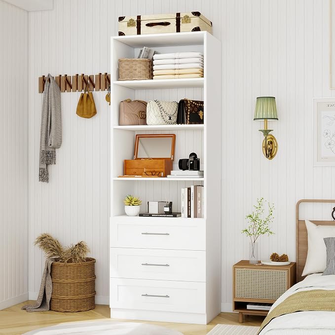 Closet System with 3 Drawers & 4 Shelves, Wood Closet Organizer System with 1 Extra Hanging Rod for Walk in Closet, Modular Closet Organizer System White(2FT)