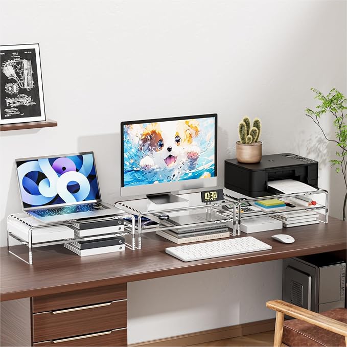 Egchi Acrylic Monitor Stand Riser, 2 Tier Clear Computer Monitor Stand for Home Office Business, PC Desk Stand Monitor Riser for Keyboard Storage, Laptop, Printer and TV Screen -12x7.2x5.12 inches | Desk Stand Monitor Riser, for Home Office Business, K...