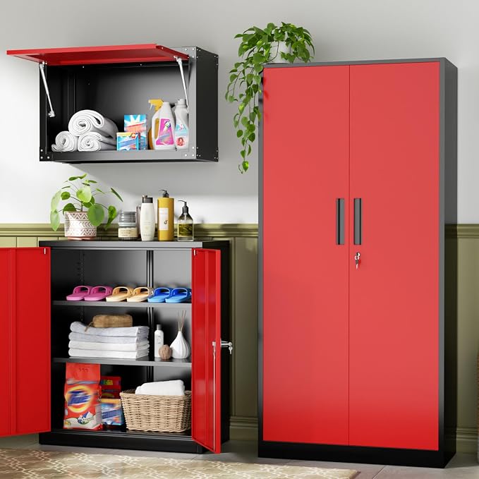 INTERGREAT Metal Storage Cabinet, 72" Locking Steel Cabinets with 2 Door and 4 Adjustable Shelves, Tall Metal Cabinet for Home Office, Garage, Warehouse, Black Red