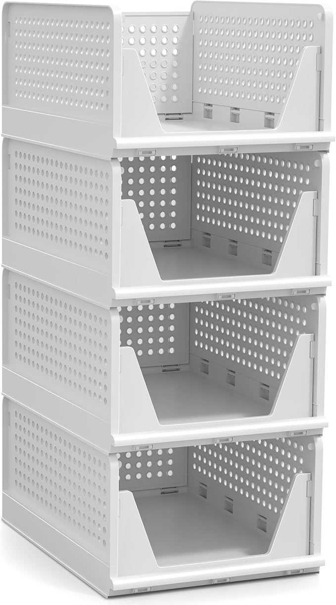 Sorbus 4 Pack Medium Shelf Organizer with Open Front Design Under Shelf for Closet Bathroom Kitchen Garage Plastic Stackable Storage Baskets