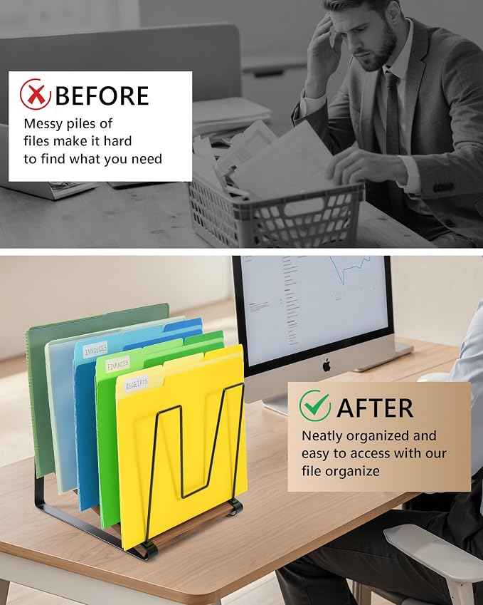 HULISEN Inclined Desk File Organizer, 5-Section Desktop File Folder Holder | Visible Tiered Design, Metal Rack with Wood Base, Vertical Storage for Binders Documents & Magazines, Classroom Office Use
