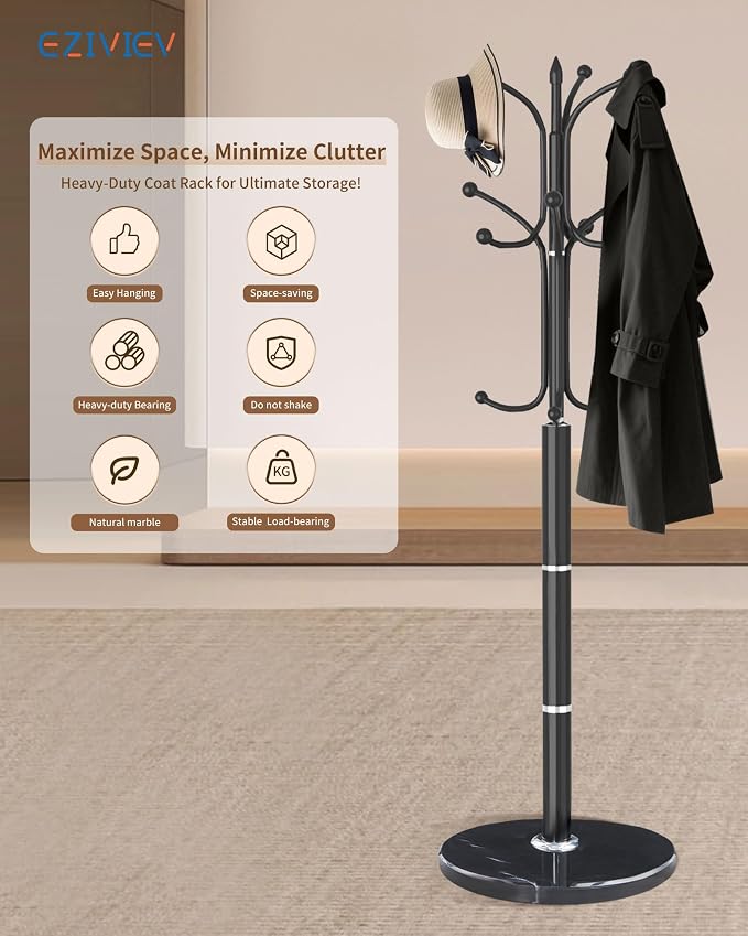 Modern Coat Rack Stand, Metal Freestanding Coat Rack with Natural Marble Base, Heavy-Duty Coat Racks with 12 Hooks,Black Coat Hanger Tree Stand for Office, Entryway, Hallway
