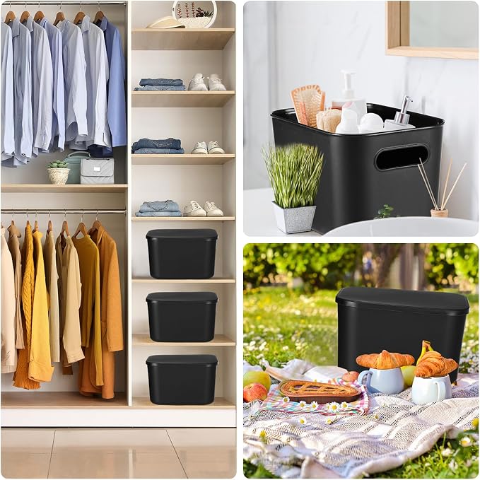 8 Pieces Colorful Storage Bins with Lid, Plastic Storage Basket Organizing Container Stackable Box with Handle for Shelves Desktop Playroom Office(9.8 x 7.1 x 6.3 Inch,Black)