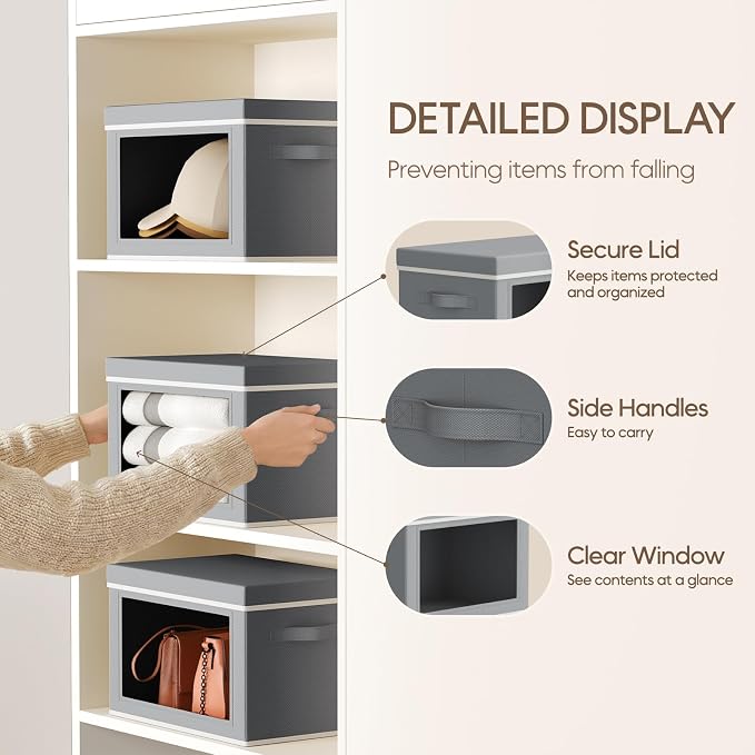 Storage Bins with Lids - Small Fabric Organizers with Window, Collapsible Storage Bins for Clothes, Decorative Closet Organizers for Towels, Tshirt, 4 Pack, Grey