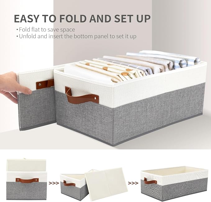 3 Pack Large Capacity Storage Bins Closet Organizer for Shelves | Fabric Closet Storage Baskets Boxes with Leather Handles for Organizing Clothes, Sheets, Jeans, Toys, Books (Grey)