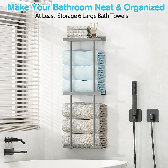 Liuoud Towel Rack for Bathroom, Wall Mounted Bath Towel Holder Storage Organizer for Rolled Towels, Vertical Towel Rack with Shelf Can Holds Up 6 Large Bath Towel (Grey, Larger Size)