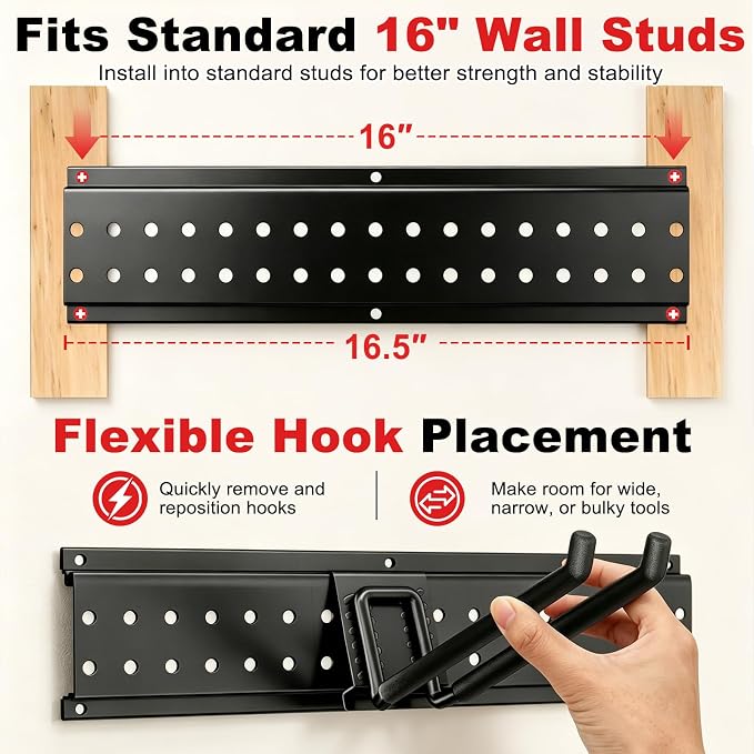 Garage Tool Organizer Wall Mount 66 inches with 13 Adjustable Heavy-Duty Hooks, Garage Organization, Garden Tool Storage Rack, Yard, and Shed, Holds Up to 520 lbs